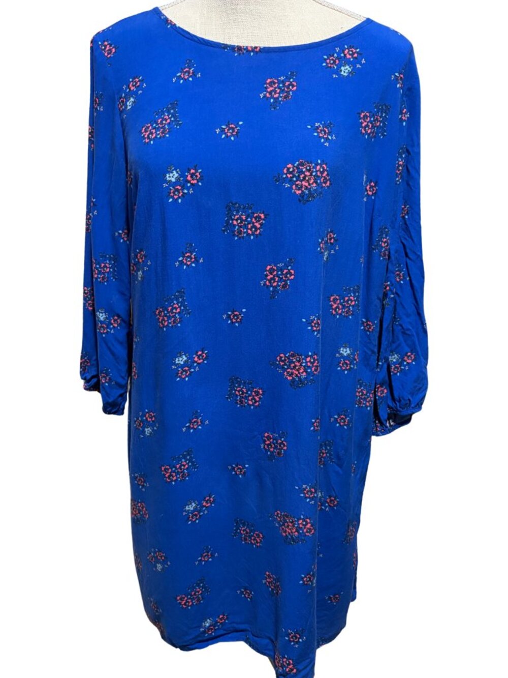 Old Navy Blue Floral Boho Cottagecore Shift Dress L Rayon Back Zip